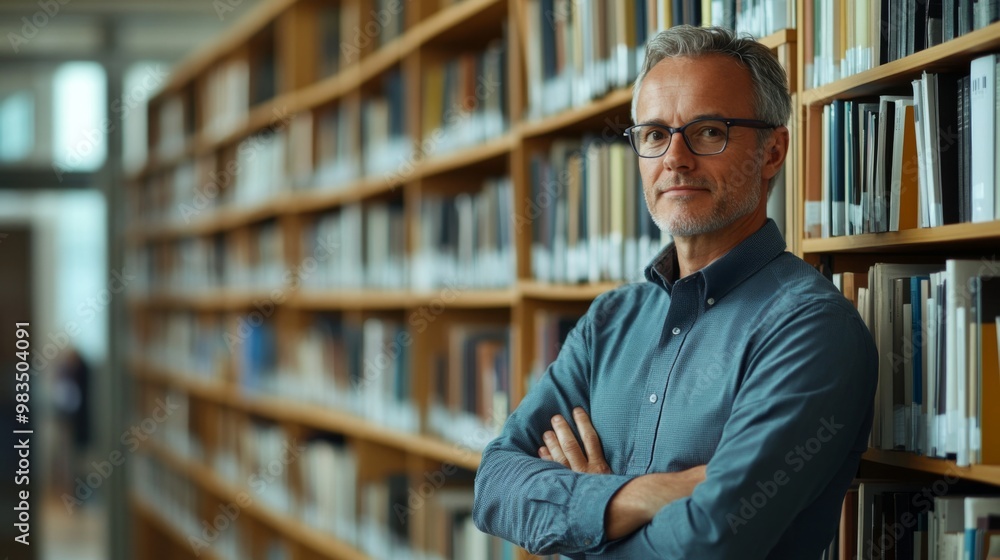 Man with Grey Hair and Glasses Standing in a Library Man with Grey Hair and Glasses Standing in a Library