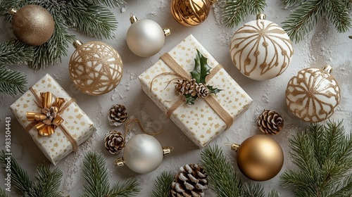 A festive flat lay composition featuring beautifully wrapped Christmas presents adorned with golden ribbons, surrounded by gold and white baubles, pine cones, and evergreen branches.