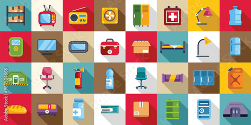 Bunker interior icons set. This set of bunker icons is showing the necessary items to survive during war or natural disaster