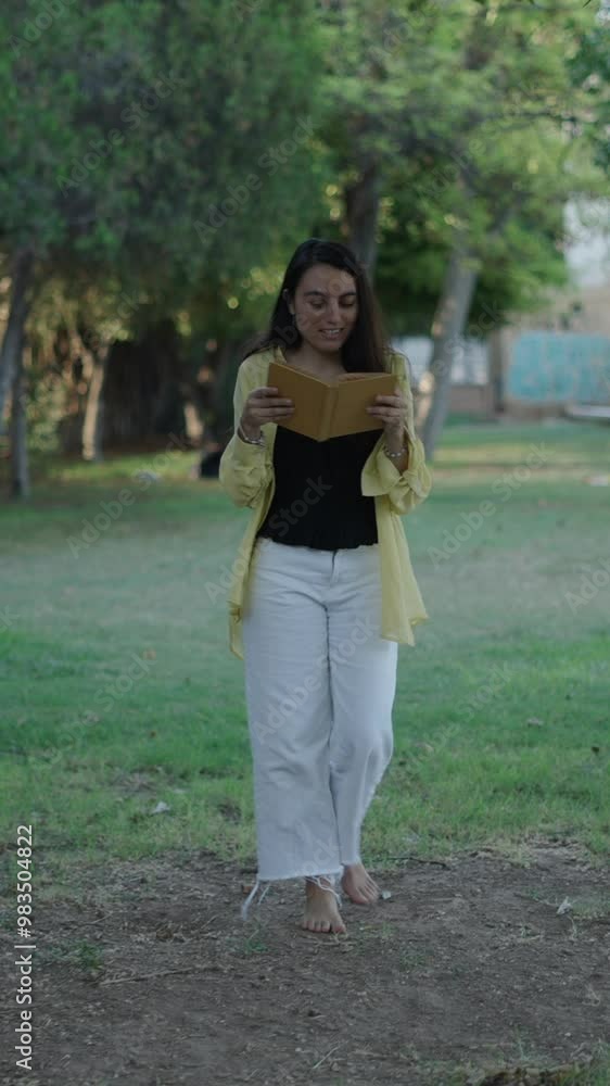 young blonde Caucasian girl walking towards camera through the grass reading a book out loud young blonde Caucasian girl walking towards camera through the grass reading a book out loud
