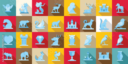 Ice sculpture icons set. Set of ice sculpture icons in a flat design with long shadows, representing various animals, mythical creatures, and objects