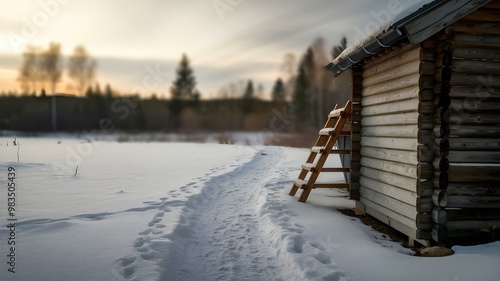 Wallpaper Mural Serene Winter Landscape with a Rustic Cabin: A Tranquil Path Through the Snow Torontodigital.ca