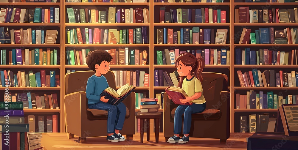 Two children reading books in a cozy library filled with shelves of books. Two children reading books in a cozy library filled with shelves of books.