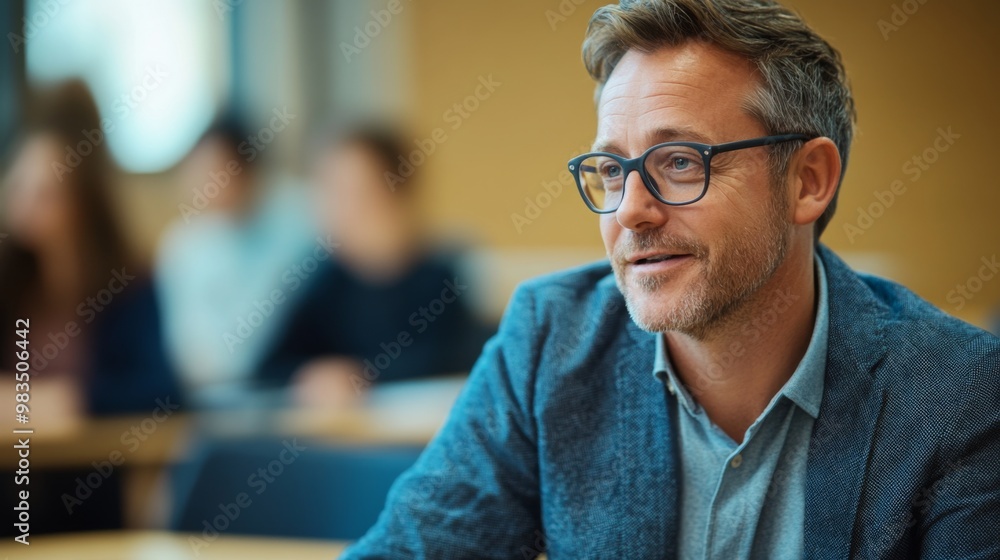 Middle-aged man with glasses in a blue blazer, listening attentively Middle-aged man with glasses in a blue blazer, listening attentively