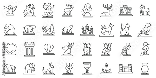 Ice sculpture icons set. Set of simple black and white heraldry statues line icons showing different animals, objects and mythical creatures on pedestals
