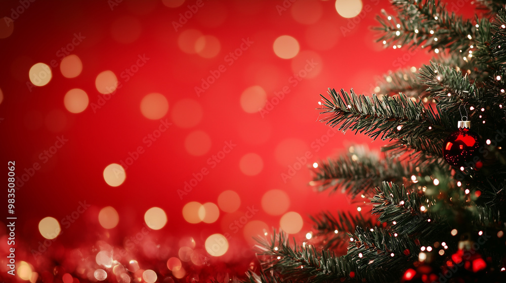 christmas tree and bokeh light around red canvas background christmas tree and bokeh light around red canvas background