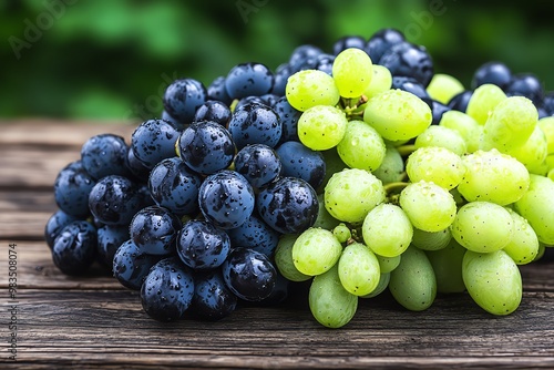 Water drops on black and green grapes, arranged on a rustic wooden table, ready for a summer picnic