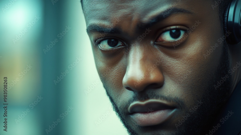 Close-up Portrait of a Man with Headphones Looking Directly at the Camera Close-up Portrait of a Man with Headphones Looking Directly at the Camera