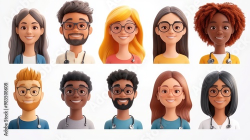 Smiling People Closeup Portrait Set Cute Cartoon Businessman Male and Female Avatars Multi-ethnic Man and Woman Faces Isolated on White Background