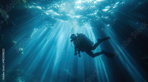 Life-giving sunlight filters through the water, casting radiant beams that illuminate the underwater world. A scuba diver's silhouette floats in the blue depths