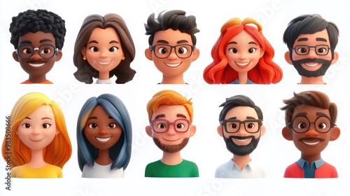 Smiling People Closeup Portrait Set Cute Cartoon Businessman Male and Female Avatars Multi-ethnic Man and Woman Faces Isolated on White Background