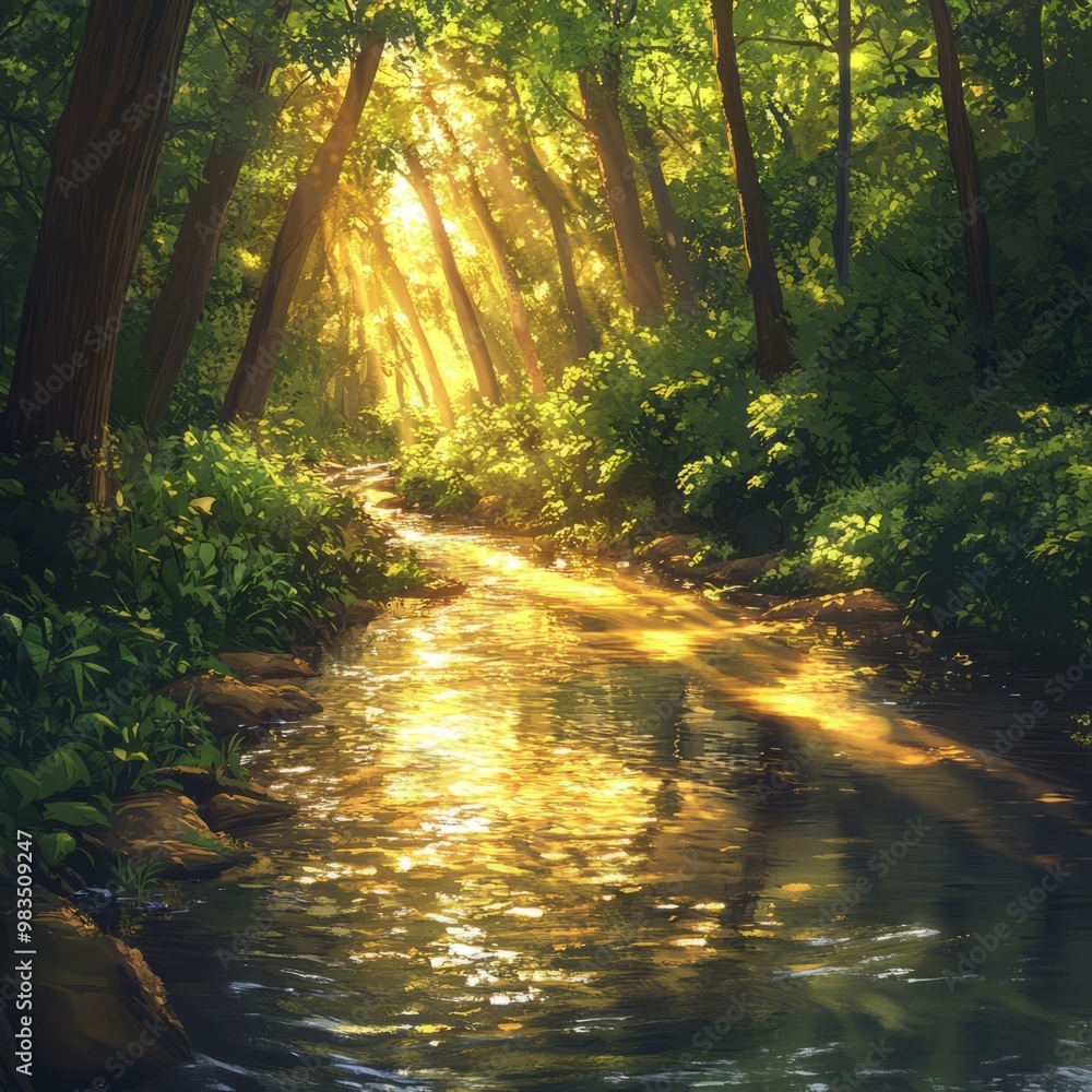 Fototapeta premium Serene Forest with Sunlight Reflecting on a Tranquil Stream