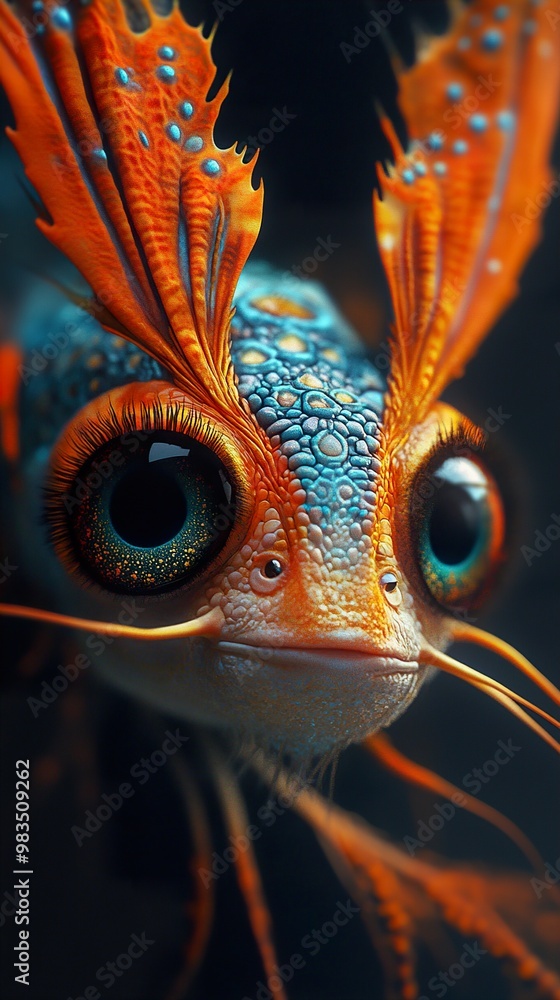 Fantasy Creature with Glowing Eyes and Orange Fins Fantasy Creature with Glowing Eyes and Orange Fins