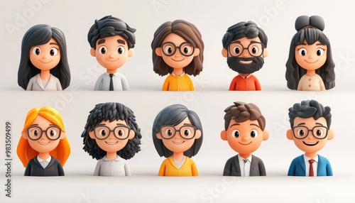 Smiling People Closeup Portrait Set Cute Cartoon Businessman Male and Female Avatars Multi-ethnic Man and Woman Faces Isolated on White Background