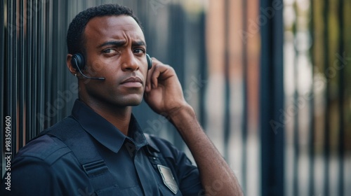 A young black man wearing a security guard uniform and headset