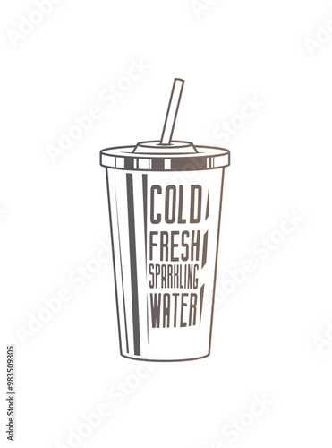 Fast food plastic cup with straw. Hot or cold drink. Original vector illustration in vintage style.