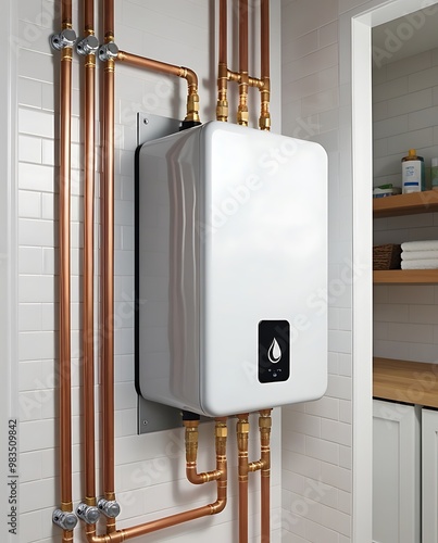 modern tankless water heater installed in a basement, the unit is connected to copper pipes and is mounted on a wall in a clean, organized utility room. Tsleek design and functionality (24) photo