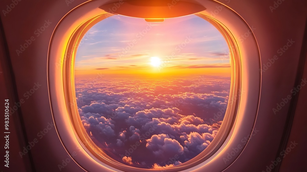 A vibrant sunset viewed from an airplane window above fluffy clouds. A vibrant sunset viewed from an airplane window above fluffy clouds.