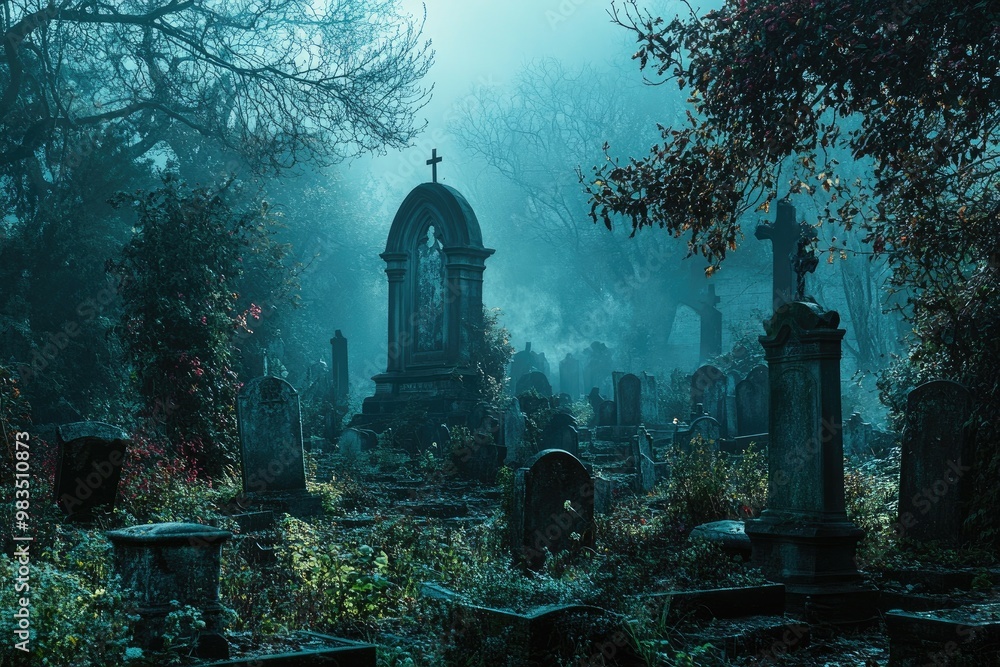 A Foggy Graveyard with Tall Stone Monuments A Foggy Graveyard with Tall Stone Monuments