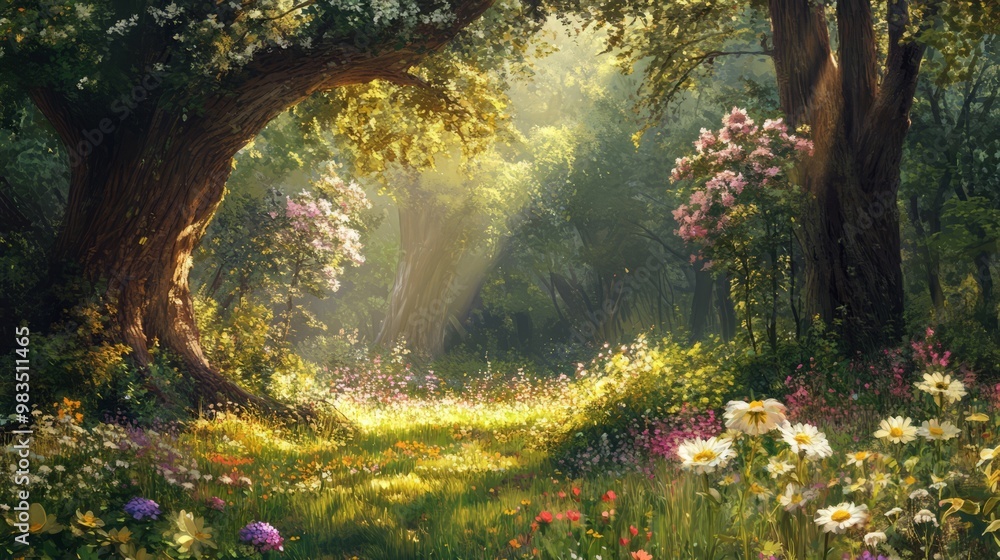 Enchanting Forest Pathway Illuminated by Sunlight Enchanting Forest Pathway Illuminated by Sunlight