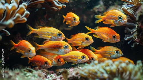  shoal of red Blotcheye soldier fish (Myripristis murdjan) nestled under a reef. Their vibrant red color and curious nature,  underwater scene the beauty of marine life photo