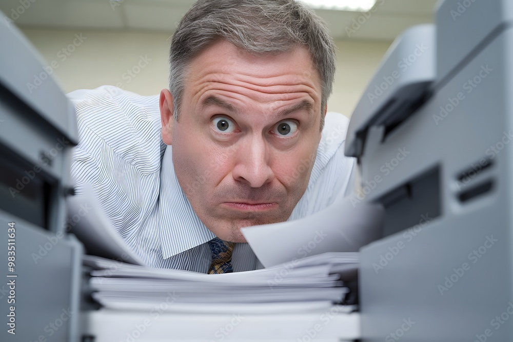 A man is looking at a printer and appears to be surprised A man is looking at a printer and appears to be surprised