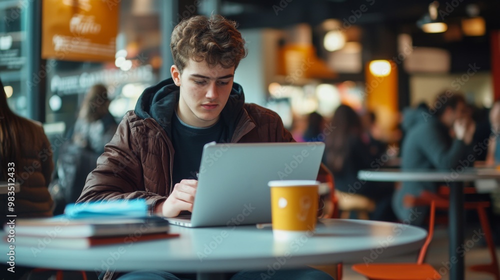Young Man Working on Laptop in a Coffee Shop Young Man Working on Laptop in a Coffee Shop
