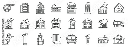 Burning building icons set. Firefighter extinguishing fire with extinguisher protecting building from burning down line icon set, suitable for any web, print, education, or presentation project