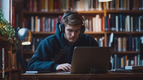 Young Man in Headphones Working on Laptop in a Library