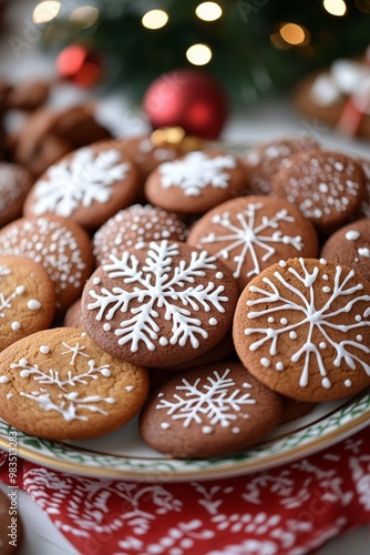 A plate of Christmas cookies, gingerbread cookies, and chocolate cookies decorated with white icing