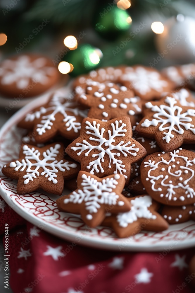 A plate of Christmas cookies, gingerbread cookies, and chocolate cookies decorated with white icing A plate of Christmas cookies, gingerbread cookies, and chocolate cookies decorated with white icing