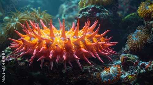 Crown of Thorns starfish (Acanthaster planci), the world's largest starfish and a predator of hard corals. Its spiny body, vibrant colors, and ecological role highlight the dynamic marine ecosystem photo