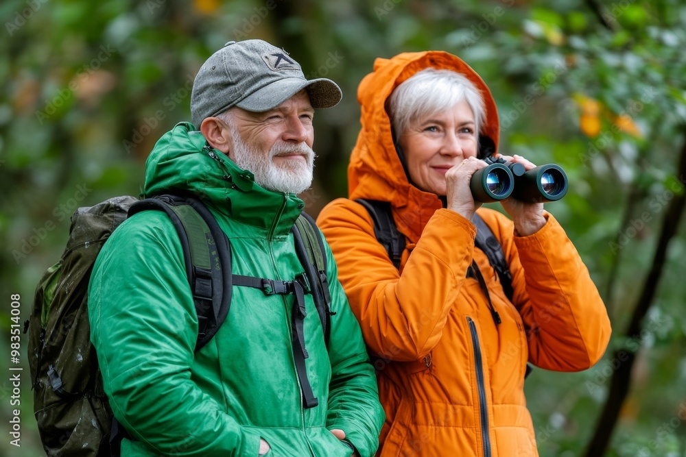 Senior couple watching birds with binoculars, enjoying a peaceful day of birdwatching in nature Senior couple watching birds with binoculars, enjoying a peaceful day of birdwatching in nature