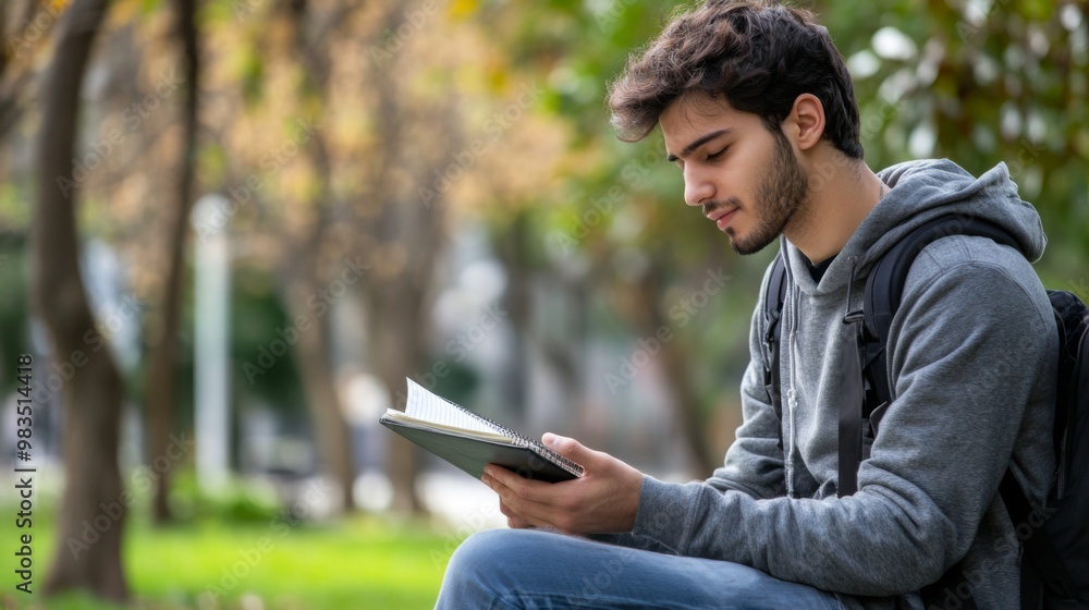 Fototapeta premium Young Man Reading a Notebook in a Park