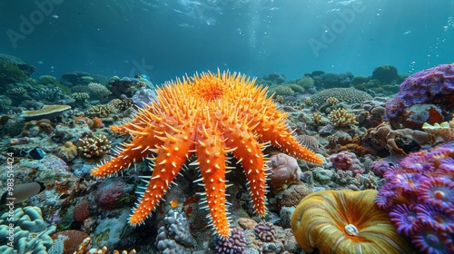 Crown of Thorns starfish (Acanthaster planci), the world's largest starfish and a predator of hard corals. Its spiny body, vibrant colors, and ecological role highlight the dynamic marine ecosystem photo