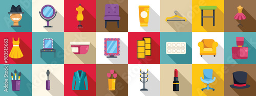 Backstage theater room icons set. This set of icons represents objects you might find in a fashion designer studio, including furniture, clothing, and tools for sewing and design