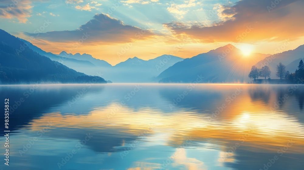 Serene Sunrise Over Mountain Lake with Reflective Waters Serene Sunrise Over Mountain Lake with Reflective Waters