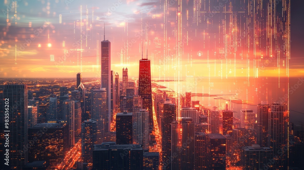 Fototapeta premium Stunning Urban Skyline at Sunset with Digital Overlay