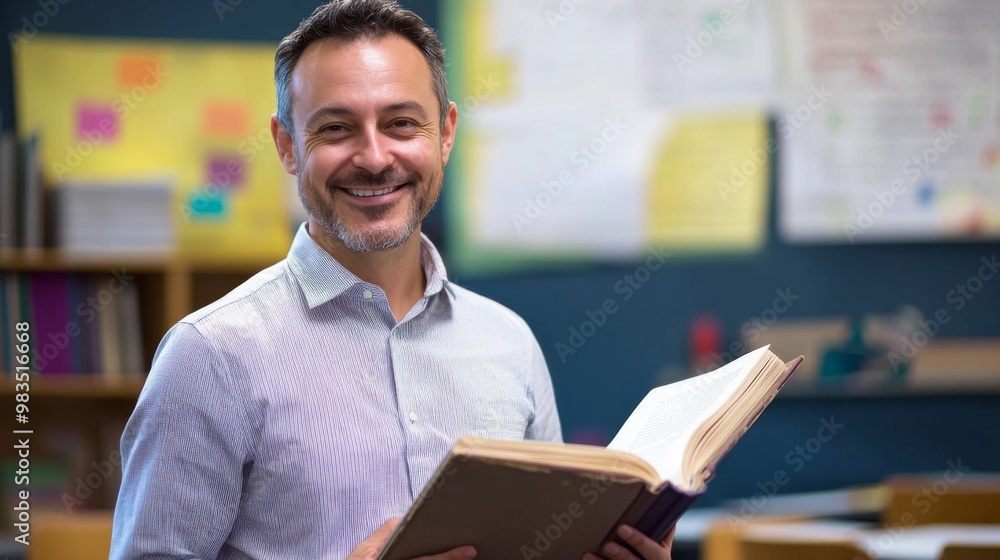 A Smiling Male Teacher Holding a Book in a Classroom A Smiling Male Teacher Holding a Book in a Classroom