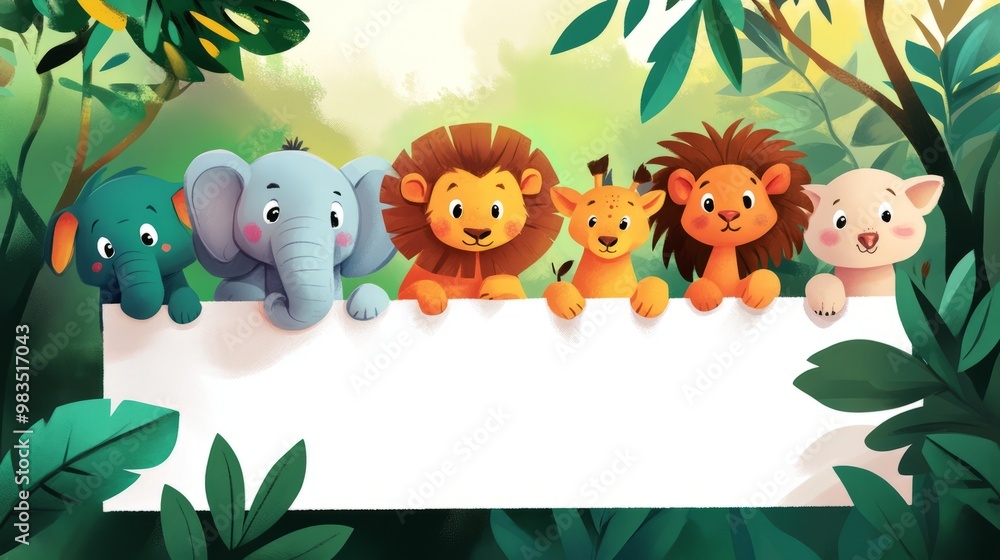 Cute Cartoon Animals in Jungle Scene with Blank Space for Text Cute Cartoon Animals in Jungle Scene with Blank Space for Text