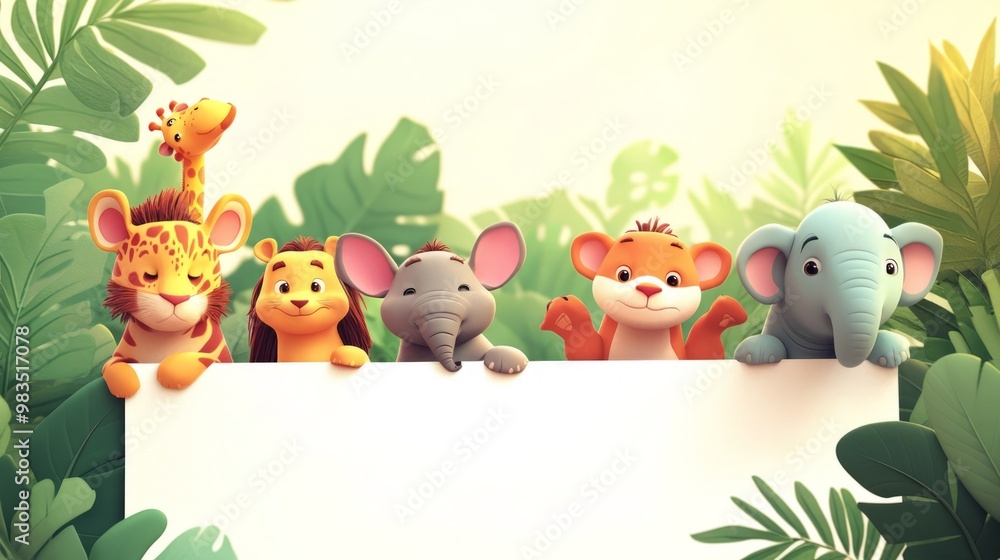 Naklejka premium Cute Cartoon Animals in Jungle Setting with Blank Space