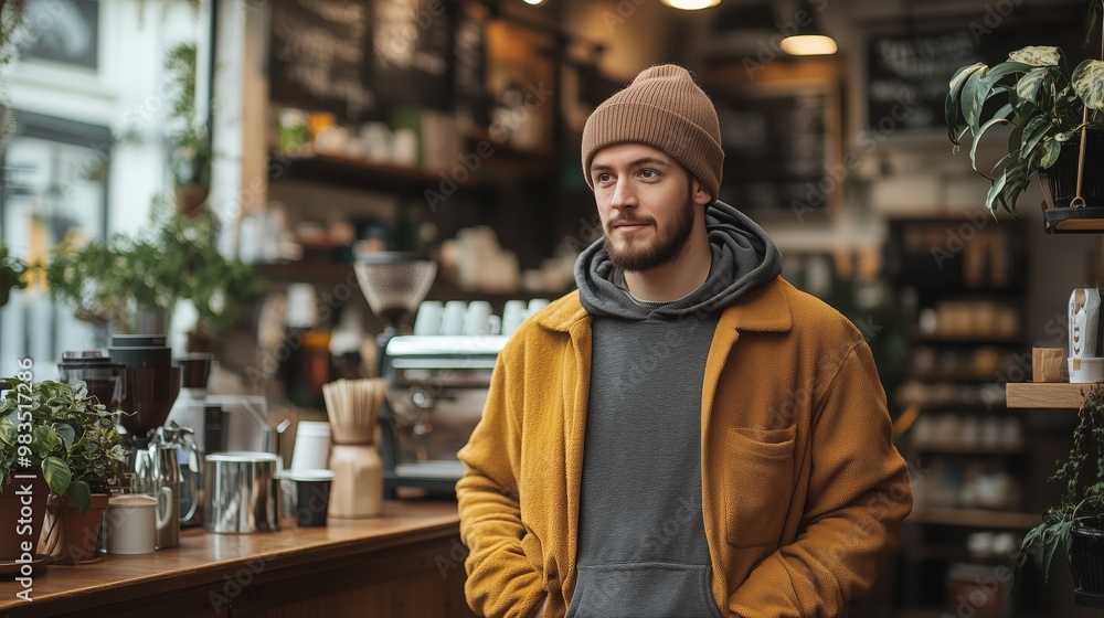 Fototapeta premium A fashionable young man stands inside a cozy coffee shop, wearing a brown beanie, a mustard-colored jacket, and layered casual clothing.