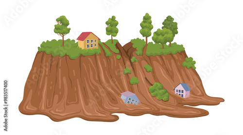 Cartoon mudflow, natural disaster. Landslide, mud stream with stones, washed away houses, mudflows extreme cataclysm disaster flat vector illustration on white background