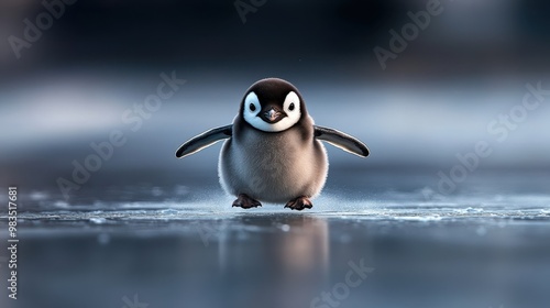 A charming penguin chick wobbles across icy terrain, capturing a moment of innocence and playfulness, This delightful image can be used for educational materials, children's books photo