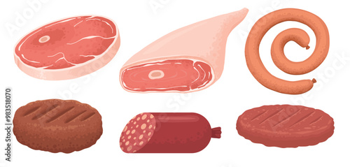 Cartoon raw meat. Bacon, steak and beef minced meat. Rack of ribs, chicken breast and pork loin vector set. Chicken and beef for barbecue, cartoon steak pork illustration on white background