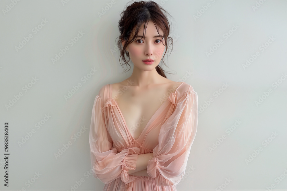 Fototapeta premium ピンクのふんわりシフォンと美人女性