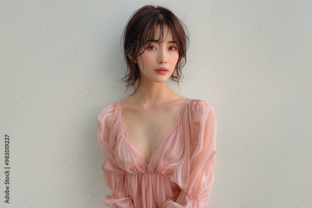 Fototapeta premium ピンクのふんわりシフォンと美人女性