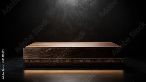 A beautifully crafted wooden box is illuminated by soft light against a dark background, creating a dramatic effect, This image can be used for presentations, marketing materials, or decor concepts,