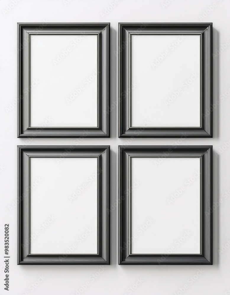 Four empty black picture frames arranged in a grid on a plain white wall, providing a minimalistic and clean design. Four empty black picture frames arranged in a grid on a plain white wall, providing a minimalistic and clean design.