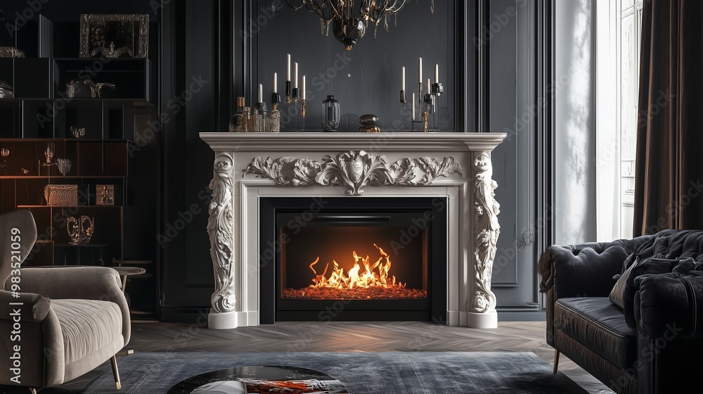Elegant living room with stylish white fireplace and cozy flames in a modern interior design setting Elegant living room with stylish white fireplace and cozy flames in a modern interior design setting